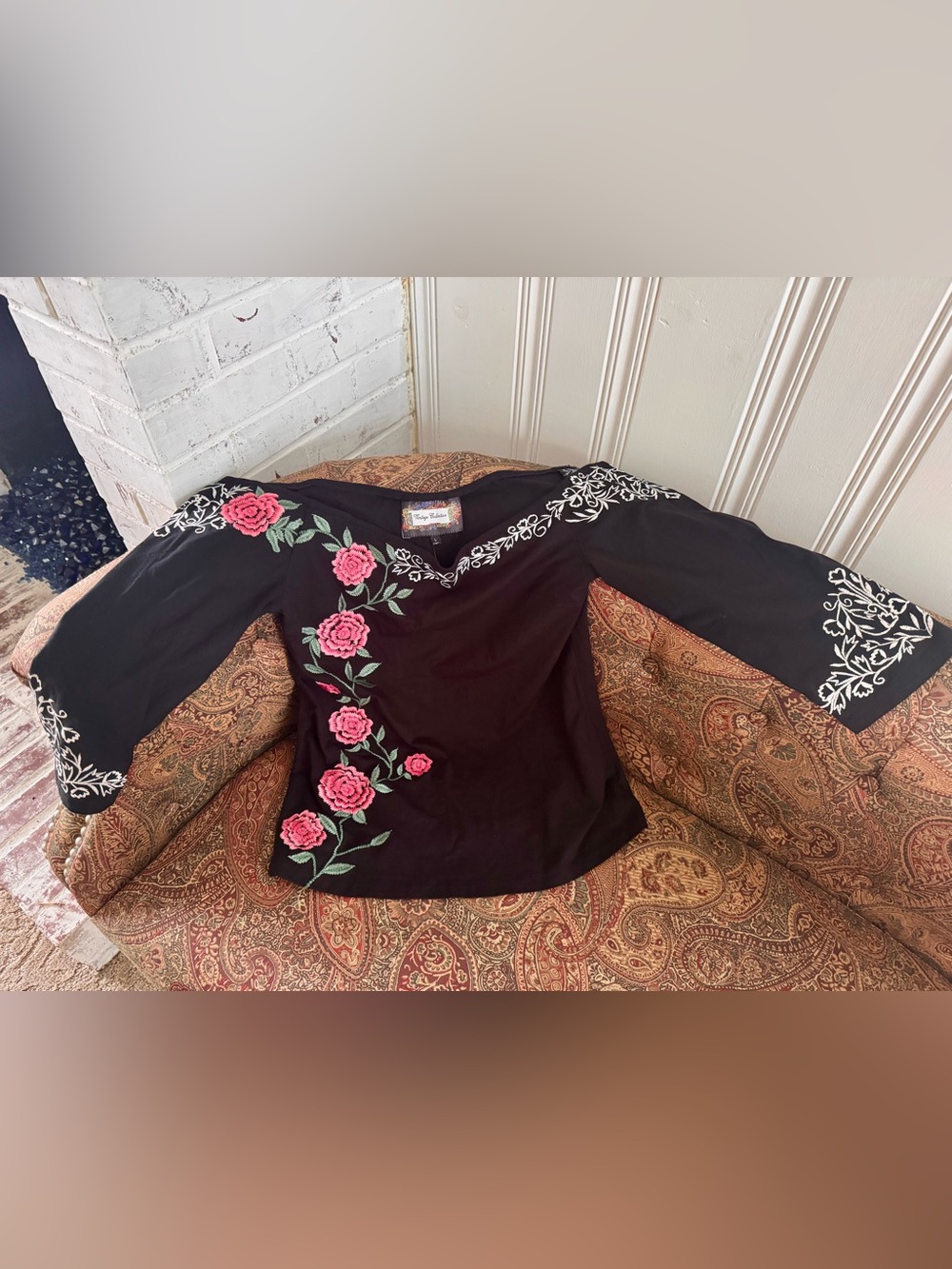 Embroidered Black V-Neck Blouse with Pink Rose Motif
